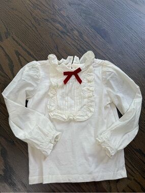 Janie and Jack White Ruffle-Front Long Sleeve Top with Red Bow